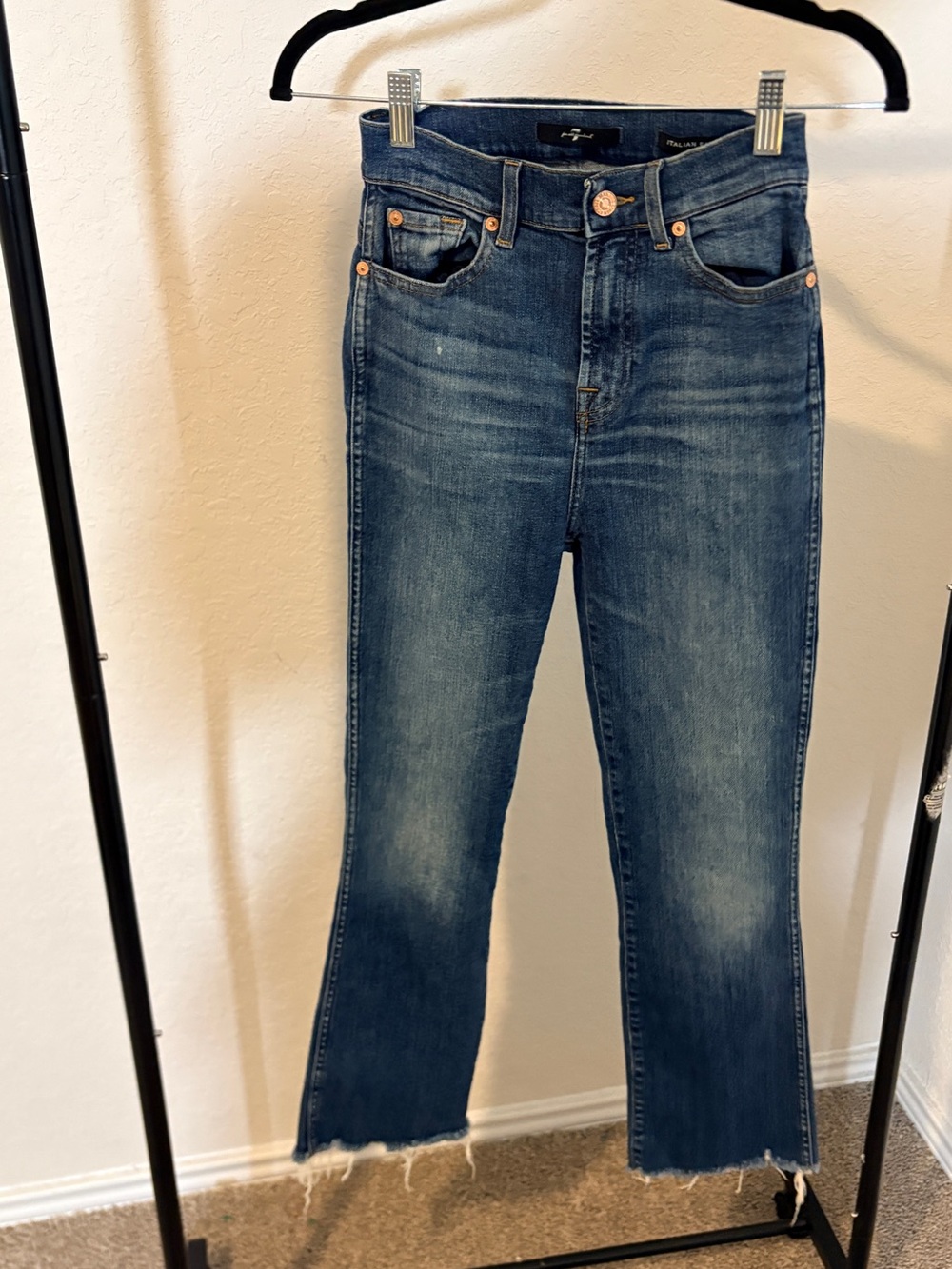 7 For All Mankind Medium Blue Flare Jeans Raw Hem